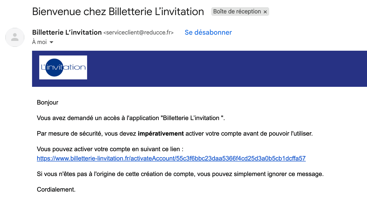Email d'activation exemple